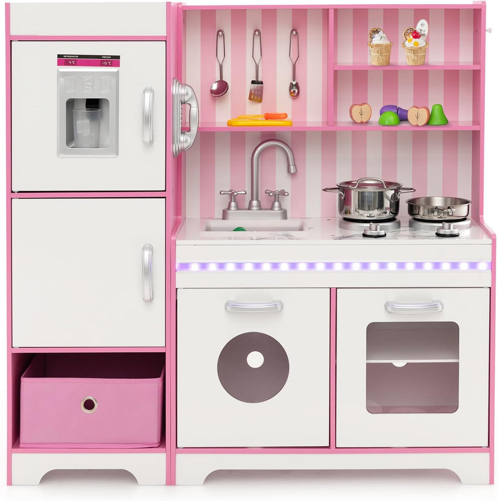 HONEY JOY Kids Kitchen Playset with Lights, Wooden Little Chef Toy Kitchen Set with Storage Bin, Ice Maker & Oven & Stove, Cooking Utensils, Play Kitchen for Toddlers, Gift for Boys Girls, Pink