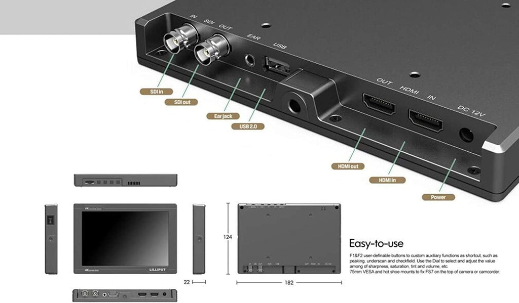 USA Official Seller VIVITEQ LILLIPUT FS7 7 inch Metal Full HD 1920x1200 4K HDMI 3G-SDI in Out On Camera Field Display Monitor