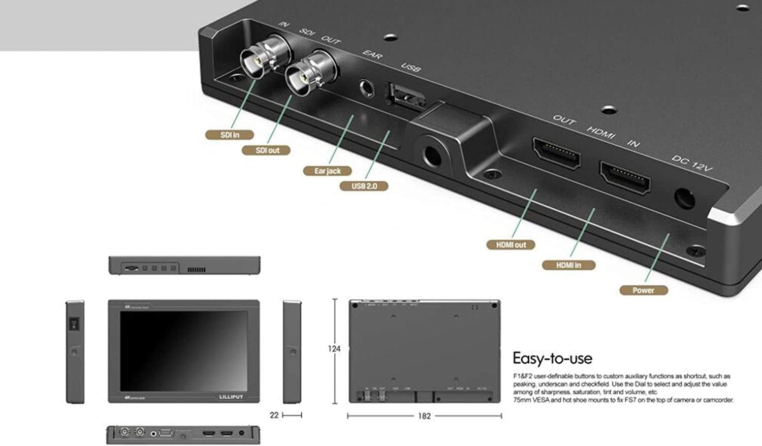 USA Official Seller VIVITEQ LILLIPUT FS7 7 inch Metal Full HD 1920x1200 4K HDMI 3G-SDI in Out On Camera Field Display Monitor