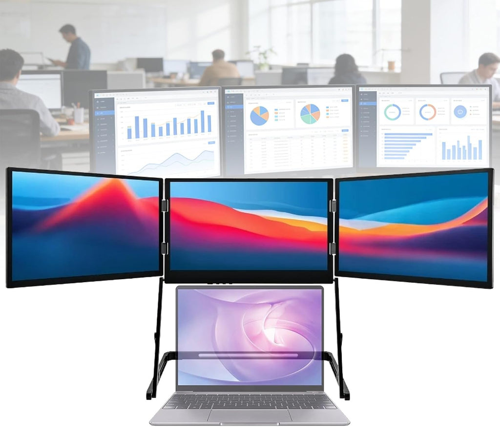 15.6' 1080P IPS Triple Monitor for Laptop, Portable Foldable Design, 100% sRGB Color Accuracy, with Speakers & Height Adjustment