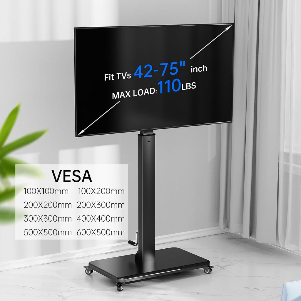 Mobile TV Cart with Handle Stepless Lift,Rolling TV Stand for 42-75inch TVs with 90 Rotating,Portrait to Landscape,Height Adjustable TV Stand with Wheels Holds up to 110lbs,Max VESA 600x500mm (Black)