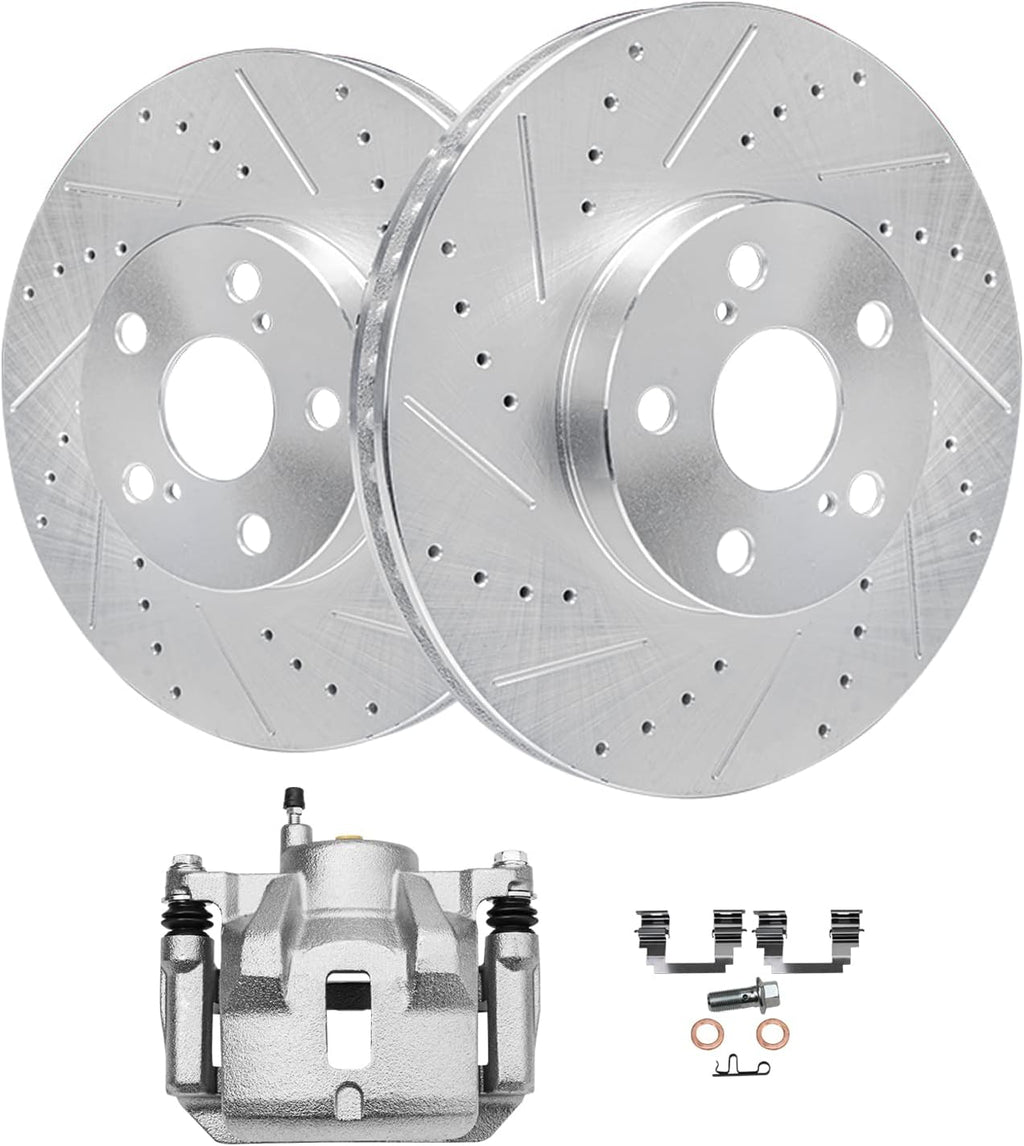 Detroit Axle - Front Drilled Brake Rotors Right Brake Caliper Replacement for 2003-2008 Toyota Corolla Matrix Pontiac Vibe - 3pc Set