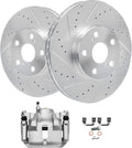 Detroit Axle - Front Drilled Brake Rotors Right Brake Caliper Replacement for 2003-2008 Toyota Corolla Matrix Pontiac Vibe - 3pc Set