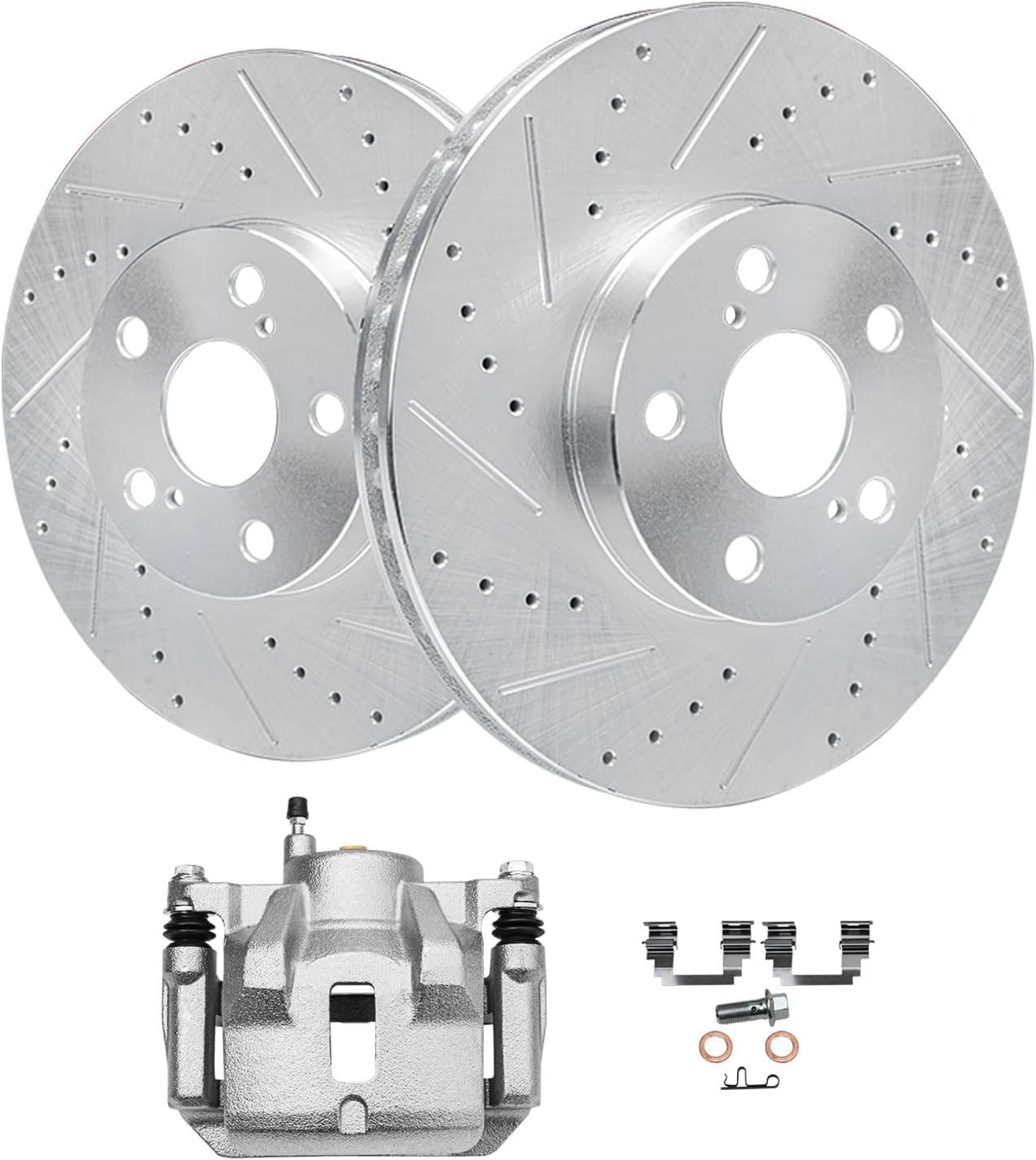 Detroit Axle - Front Drilled Brake Rotors Right Brake Caliper Replacement for 2003-2008 Toyota Corolla Matrix Pontiac Vibe - 3pc Set