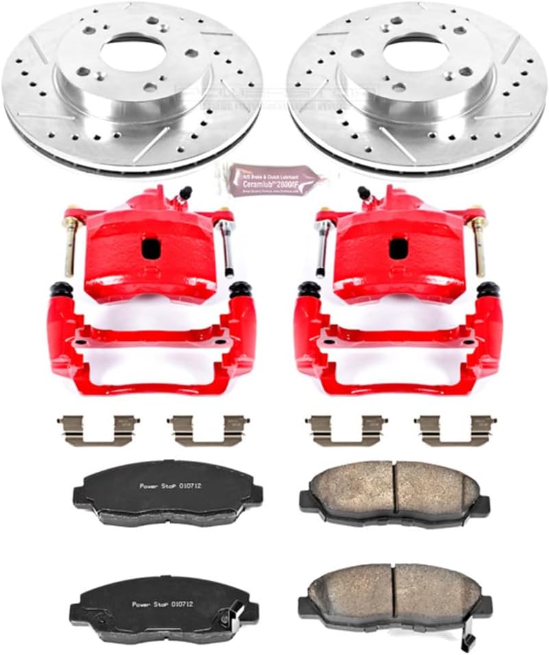 PowerStop Front Brake & Caliper Kit for Honda Civic 2006-11 - Carbon-Fiber Ceramic Brake Pads + Drilled & Slotted Rotors + Red Powder Coated Calipers, KC2384