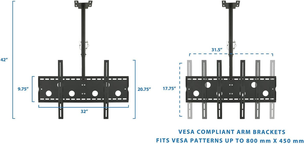 Mount-It! Dual TV Ceiling Mount – Commercial Back-to-Back Ceiling TV Bracket for 37–75' Screens, 360° Swivel, 20° Tilt, VESA 800x450, 175 lb/Side, Height Adjustable, Locking Bar, Heavy-Duty Steel
