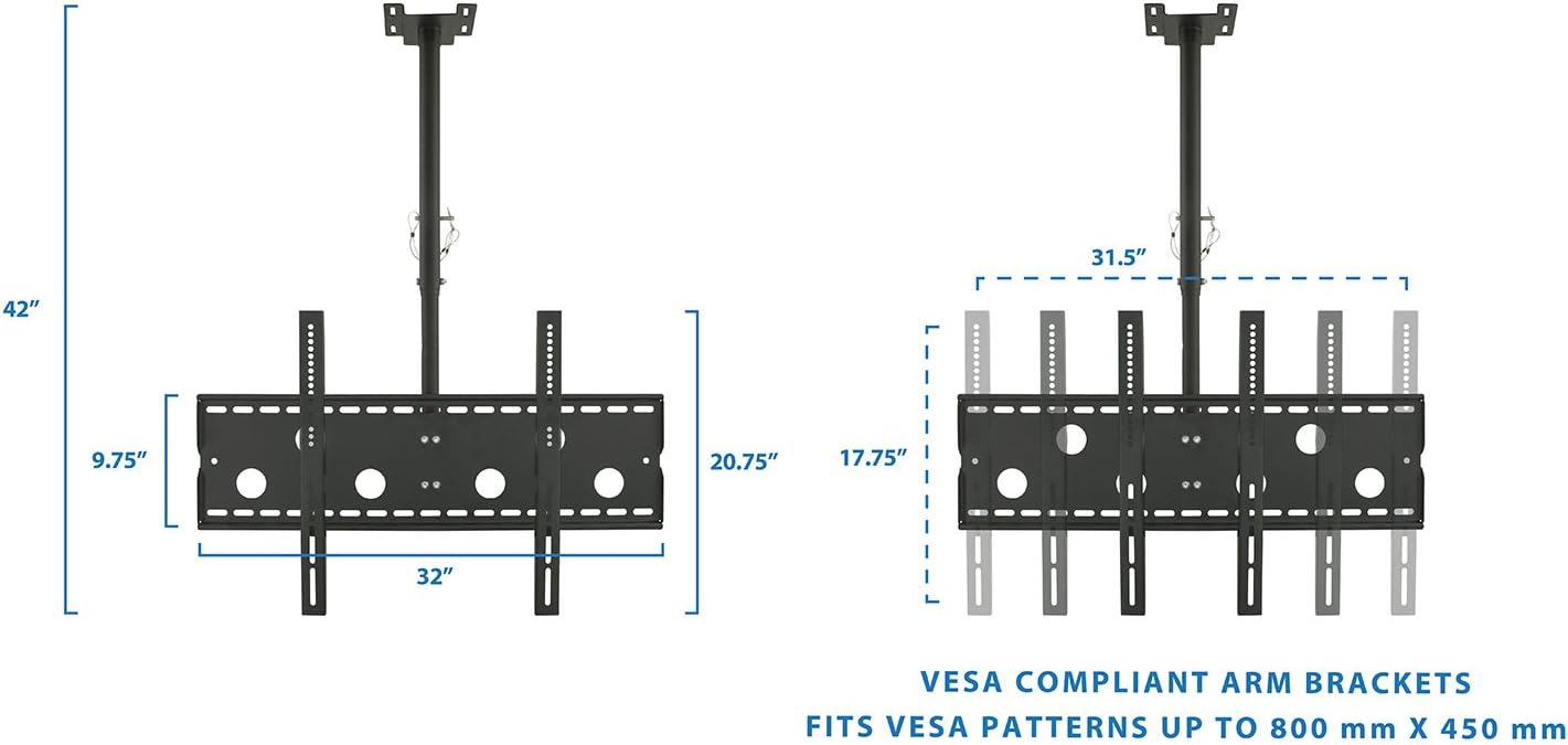 Mount-It! Dual TV Ceiling Mount – Commercial Back-to-Back Ceiling TV Bracket for 37–75' Screens, 360° Swivel, 20° Tilt, VESA 800x450, 175 lb/Side, Height Adjustable, Locking Bar, Heavy-Duty Steel