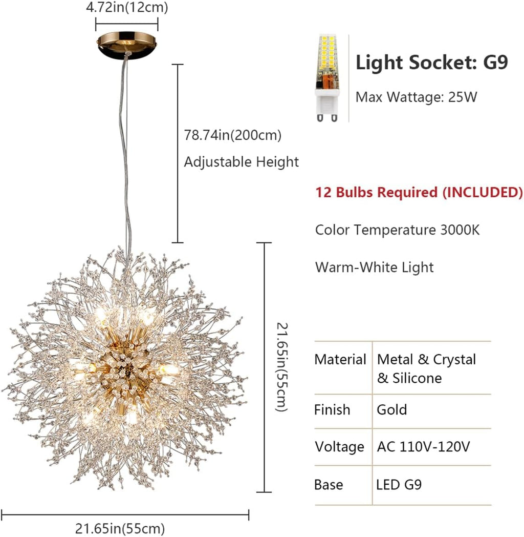 Firework Chandelier Gold, 12-Light Modern Crystal Chandelier Dandelion, 21.6' Stainless Steel Sputnik Pendant Hanging Light for Dining Room Bedroom