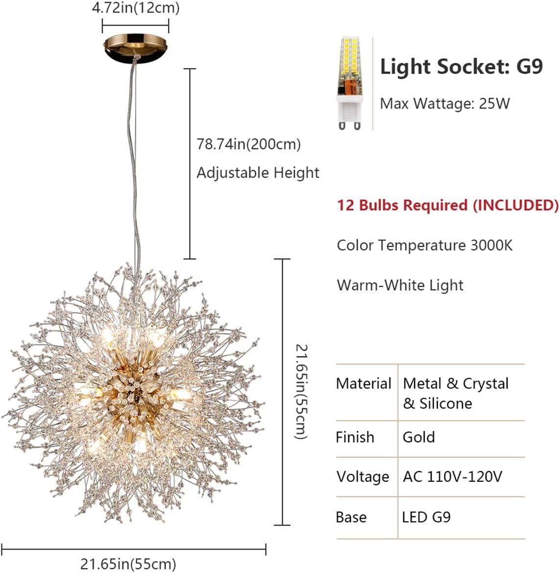 Firework Chandelier Gold, 12-Light Modern Crystal Chandelier Dandelion, 21.6' Stainless Steel Sputnik Pendant Hanging Light for Dining Room Bedroom