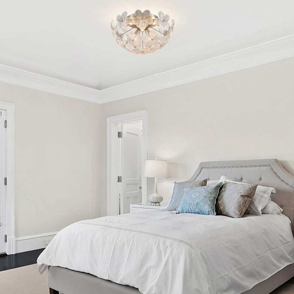 Modern Small Semi Flush Mount Ceiling Light Fixture, Flower Brush Nickel Ceiling Light Glass Chandelier for Bedroom Bathroom Closet Entryway Living Room Indoor Kitchen Foyer Hallway