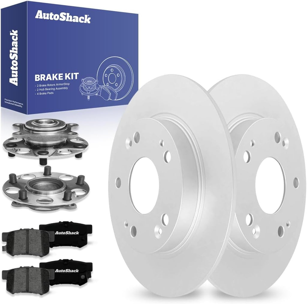 AutoShack Rear Brake Rotors, Premium Pads & Hub Bearing Assemblies for Honda & Acura, Civic 2006-2011 CSX 2006-2011, FWD L4 1.8L 2.0L - Coated - ArmorStop - 10.24' (260 mm), 5-Lug
