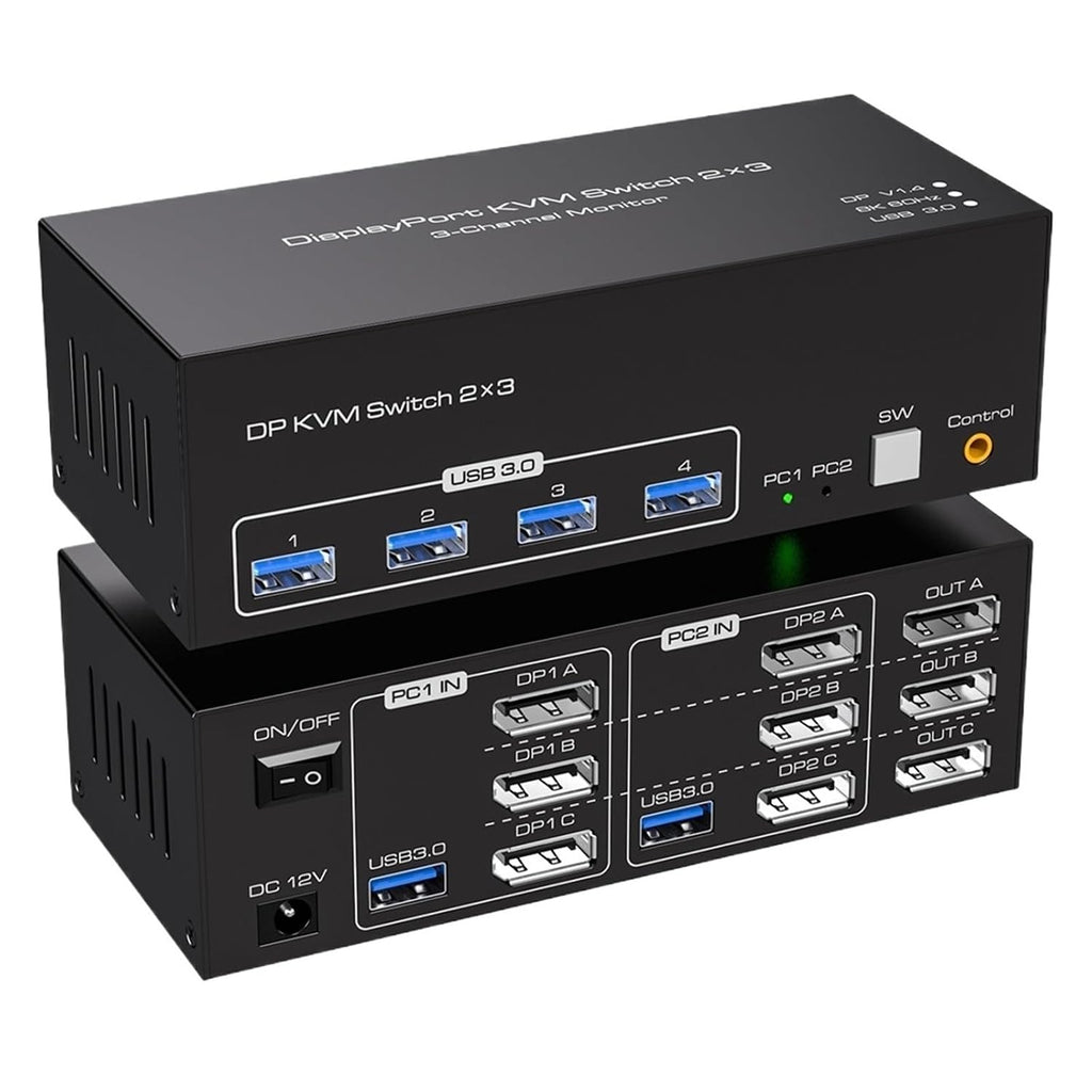 8K Triple Displayport USB 3.0 KVM Switch 3 Monitors 2 Computers 4K 144Hz 2x3 Triple Monitor HDMI DP KVM Switcher Keyboard Mouse(ZY-ASW232,EU Power Plug)