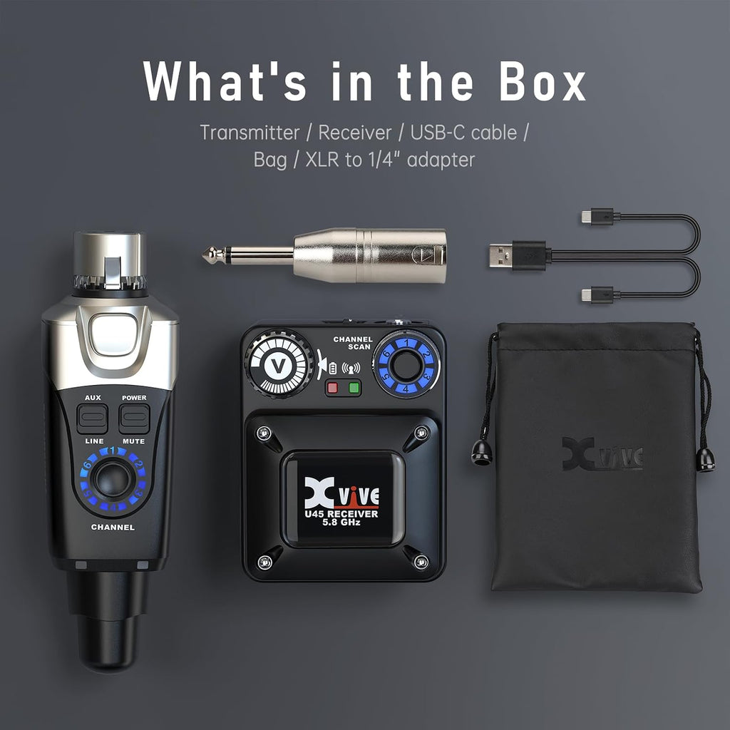 Xvive U45 Wireless in Ear Monitor System 5.8ghz IEM System Transmitter and bodypack Receiver for Studio, Band Rehearsal, Live Performance, Channel Scan Mode, Black
