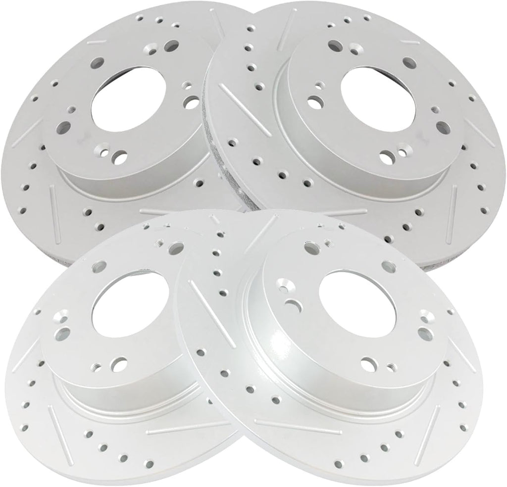 TRQ Performance Front and Rear Brake Rotor Set G Coated Drilled and Slotted Vented Solid Compatible with 2006-2011 Honda Civic
