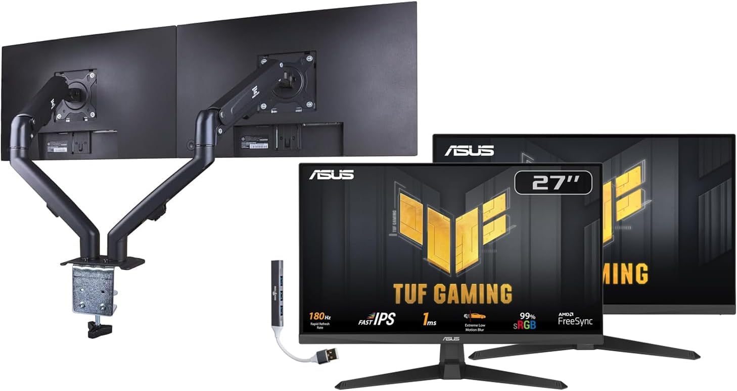 ASUS TUF Gaming 27' FHD IPS Monitor with 1ms Response Time, 180Hz Refresh Rate, Anti Glare, Flicker Free, VESA Mount (100mm), Displayport, Black (VG279Q3A) 2Pack w/DKZ Hub & ErgoFlexy Dual Mount Arm