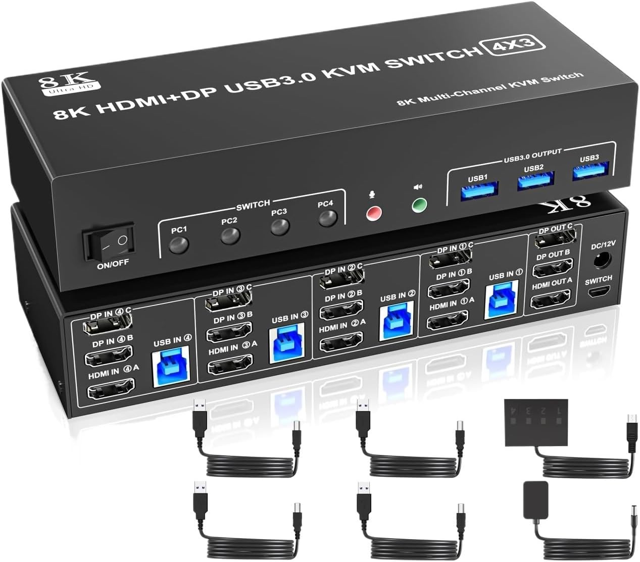 8K USB3.0 KVM Switch 3 Monitors 4 Computers, 2 DisplayPort +1 HDMI Triple Monitor for 4PC with Audio and 3 USB 3.0(AU Power Adapter)