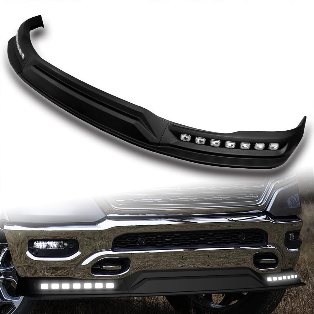 Stay-Tuned, Unpainted Black ABS Plastic Front Bumper Lip Spoiler Body Kit+LED Sequential Running Lights, Fit for 2019-2024 Dodge Ram 1500, Auto Exterior Accessory, 3PC (+Running Light)