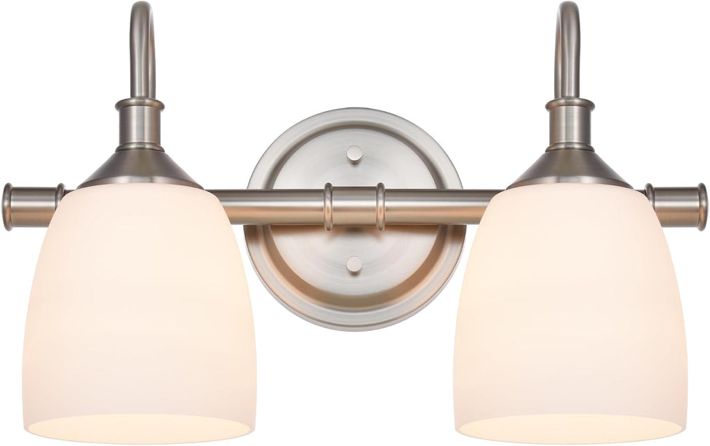 2-Light Bathroom Vanity Light Fixtures Over Mirror, Vintage Vanity Lights for Living Room, Milk White Glass Shades, Standard E26 Base, Brushed Nickel