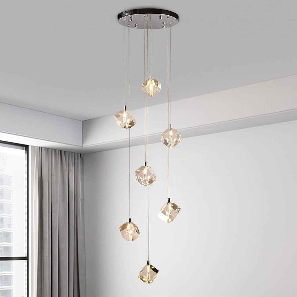 Cube Raindrop Staircase Chandelier, 7-Light Modern Cut Crystal Cluster Pendant Lights, 21W High Ceiling Square Crystal Foyer Chandelier Lighting Fixture for Living Room, Chrome