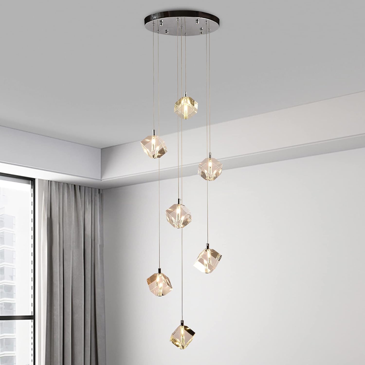 Cube Raindrop Staircase Chandelier, 7-Light Modern Cut Crystal Cluster Pendant Lights, 21W High Ceiling Square Crystal Foyer Chandelier Lighting Fixture for Living Room, Chrome