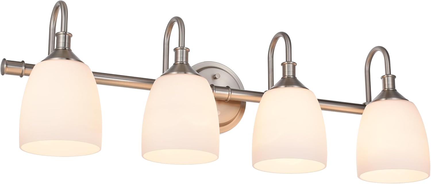 4-Light Bathroom Vanity Light Fixtures Over Mirror, Vintage Vanity Lights for Living Room, Milk White Glass Shades, Standard E26 Base, Brushed Nickel