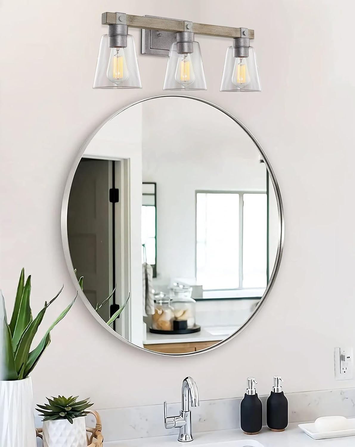 Kira Home Asher 23' 3-Light Farmhouse Vanity Light with Clear Tapered Shades, Hand-Painted Wood Grain Metal Bathroom Light, Bleached Oak Wood and Galvanized Steel Finish