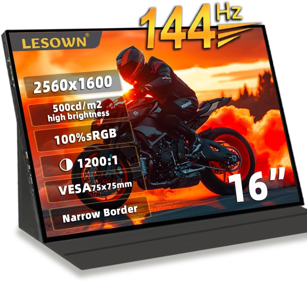 QHD 2.5K Portable Monitor 16 inch 2560x1600 USB Type-C HDMI 500Nits High Brightness Gaming Ultra Wide Gamer Display with Speakers Secondary Monitor for Laptop PC Phone Mac (2.5K 144Hz No Touch)