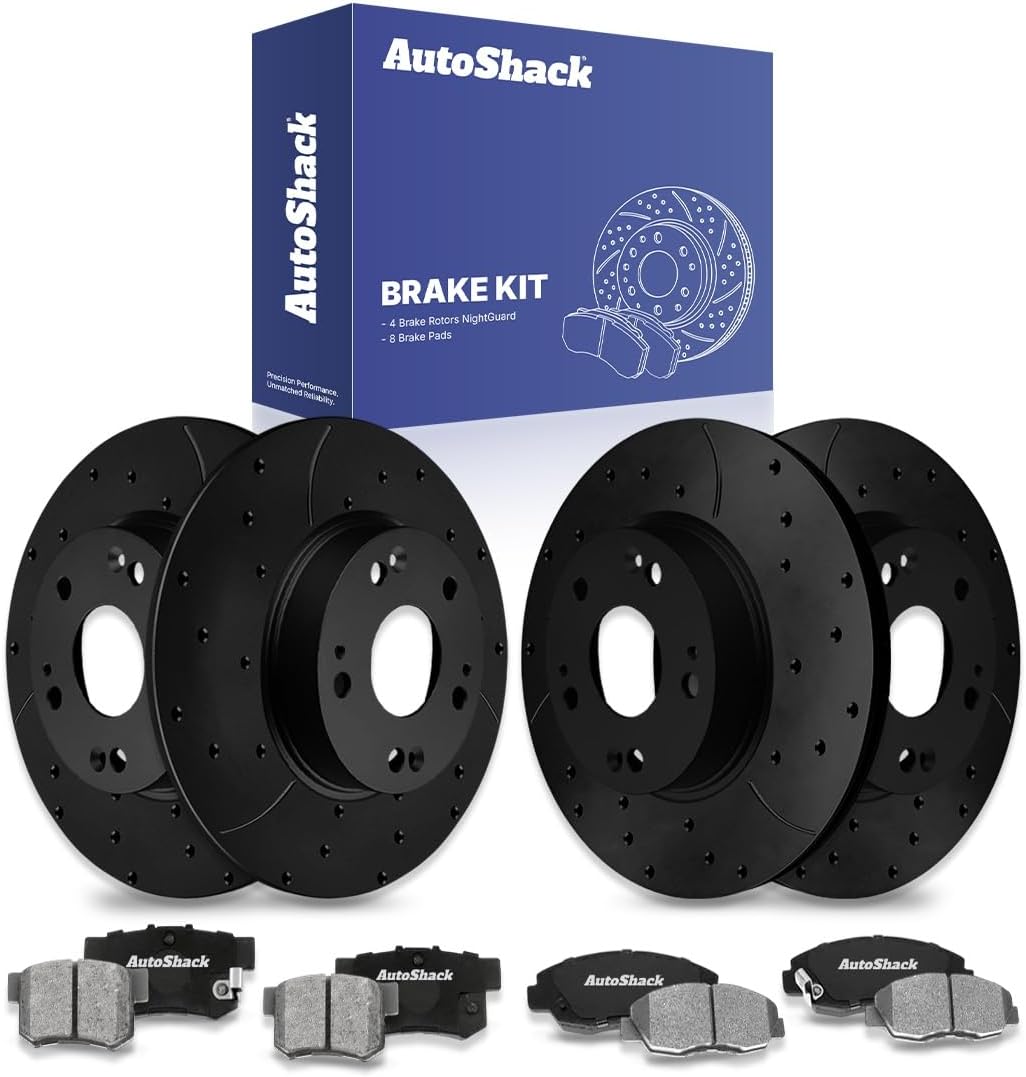 AutoShack Front & Rear Brake Rotors & Ceramic Pads for Honda, Civic 2006-2011, FWD L4 1.8L - E-Coated Drilled & Slotted - Black Finish - NightGuard