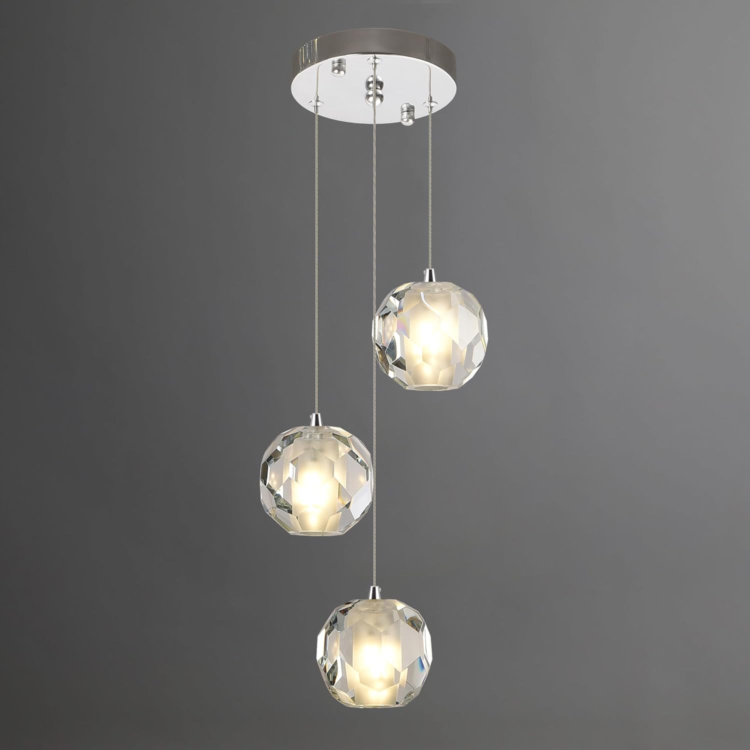 3-Light Modern Pendant Light, Multi-facted Crystal Cluster Pendant Light Fixture in Chrome, Adjustable Hanging Lighting for Kitchen Island Dining Room Hallway