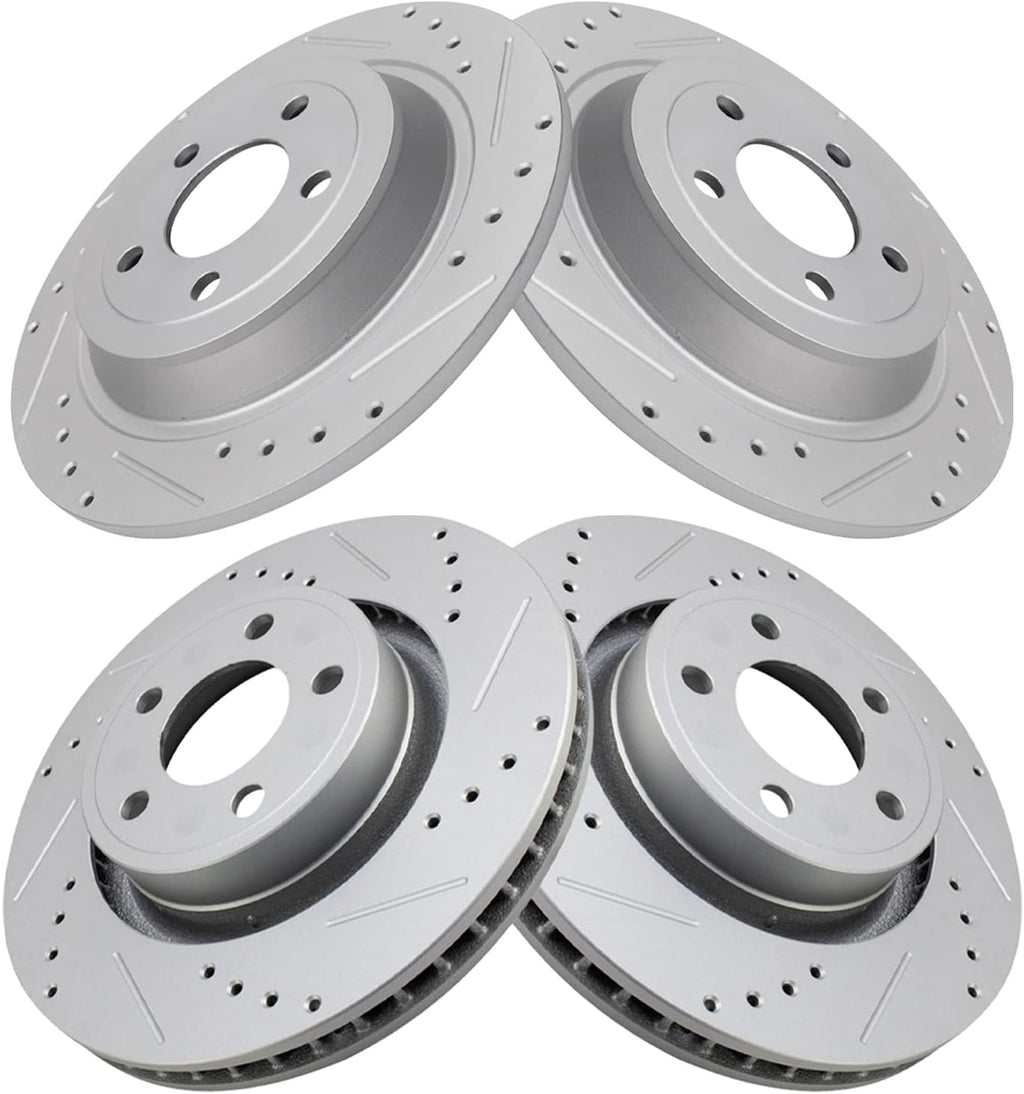 TRQ Performance Front and Rear Brake Rotor Set G Coated Drilled and Slotted Compatible with 2015-2020 Ford Mustang