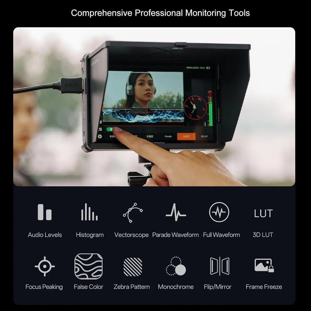 VILTROX DC-L2 7' Touchscreen Camera Field Monitor, 4K 60Hz SDI+HDMI Input/Output, 1280x800 600 Nits Brightness Camera Monitor with Waveform, Peaking, False Color, 3D LUT, Sunshade Hood, Battery
