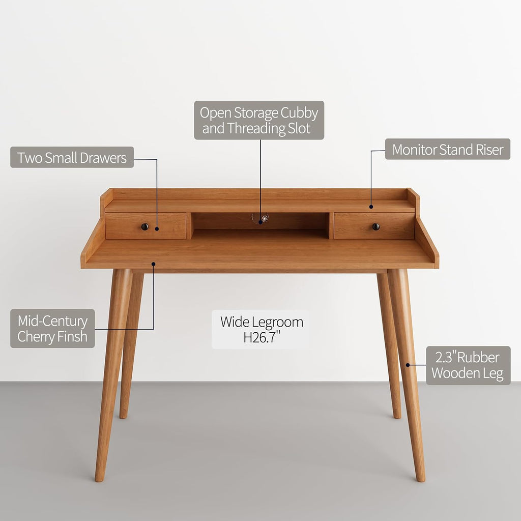 Mid Century Modern Desk, 51' Wood Home Office Writing Computer or Laptop Desk with Monitor Stand Riser and Open Storage Cubby, Vanity Desk with 2 Drawers (51.2'×25.6')