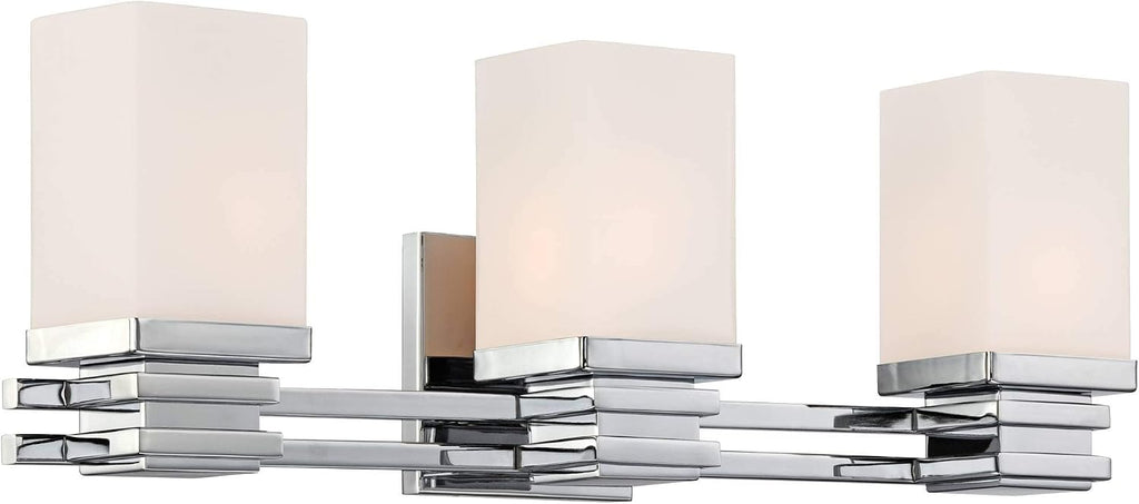 Possini Euro Design Bennett Modern Wall Light Chrome Silver Hardwired 22' Wide 3-Light Fixture Mounted Etched White Opal Glass Rectangular Shade Bathroom Vanity Mirror House Home Hallway Room Decor