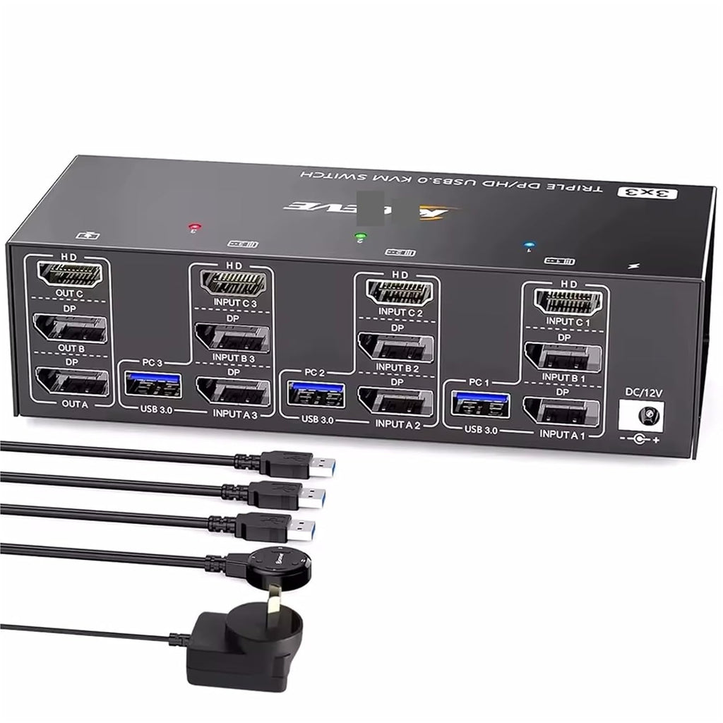 KVM Switch 3 Monitors 3 Computers 8K@60Hz 4K@144Hz, HDMI+2 Displayport KVM Switch Triple Monitor for 3 Computer Share 3 Monitor(AU Plug)