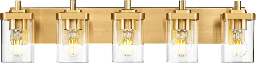 Gold Bathroom Light Fixtures with Square Clear Glass Shade | 30' Brushed Gold Vanity Light, 5-Light Modern Wall Sconces, Vanity Lighting Fixtures Over Mirror, VL194-BG-5