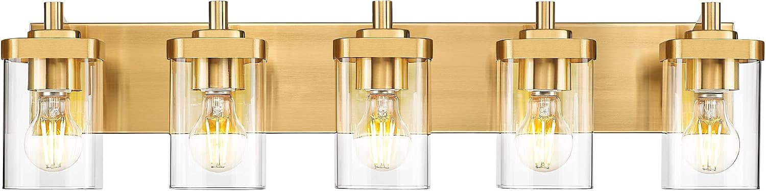 Gold Bathroom Light Fixtures with Square Clear Glass Shade | 30' Brushed Gold Vanity Light, 5-Light Modern Wall Sconces, Vanity Lighting Fixtures Over Mirror, VL194-BG-5