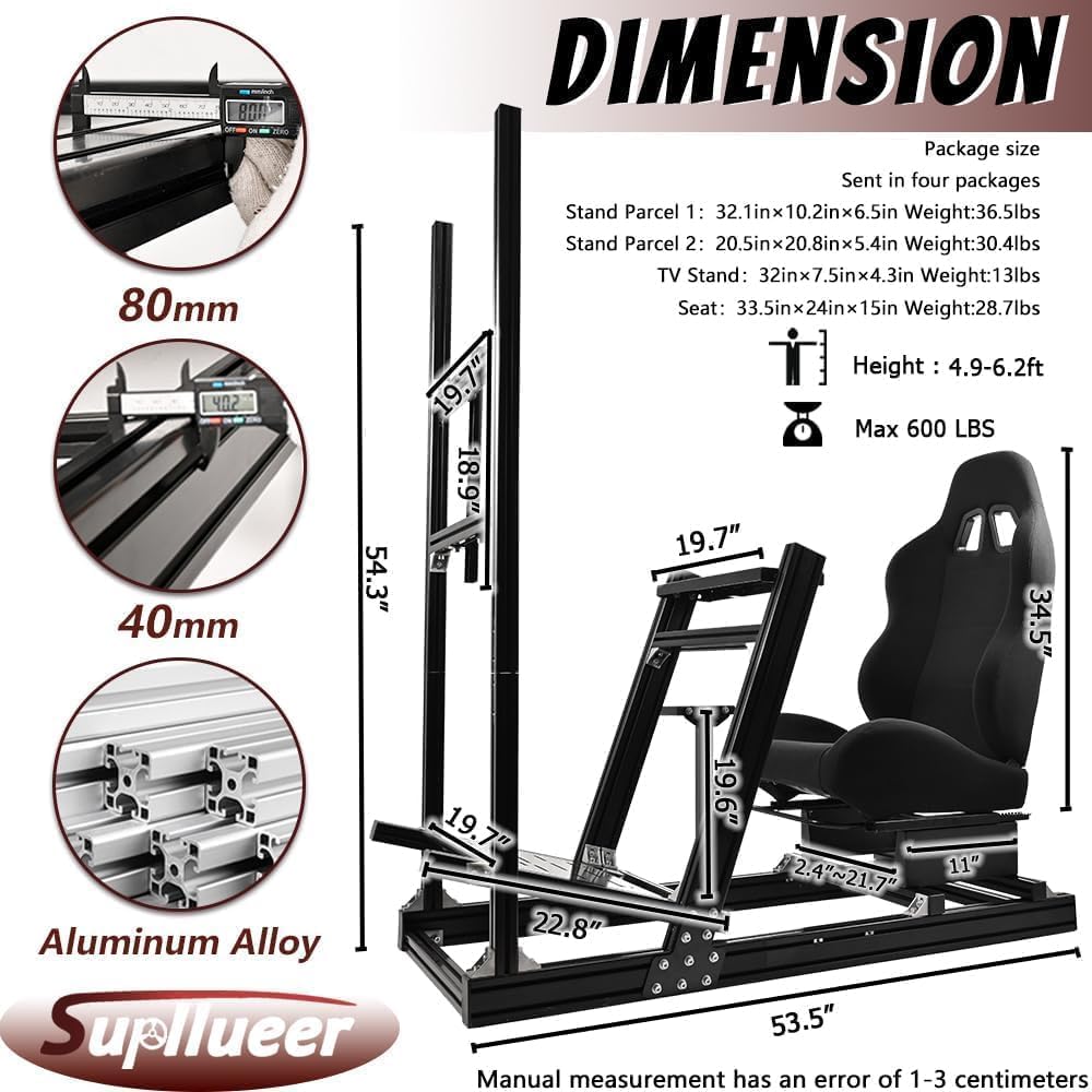 Supllueer Racing Simulator Cockpit with Monitor Stand Racing Seat Fit for Logitech GPRO G29 G920, for Thrustmaster, for Fanatec, Aluminum Steering Wheel Stand No TV Steering Wheel Pedal Shifter