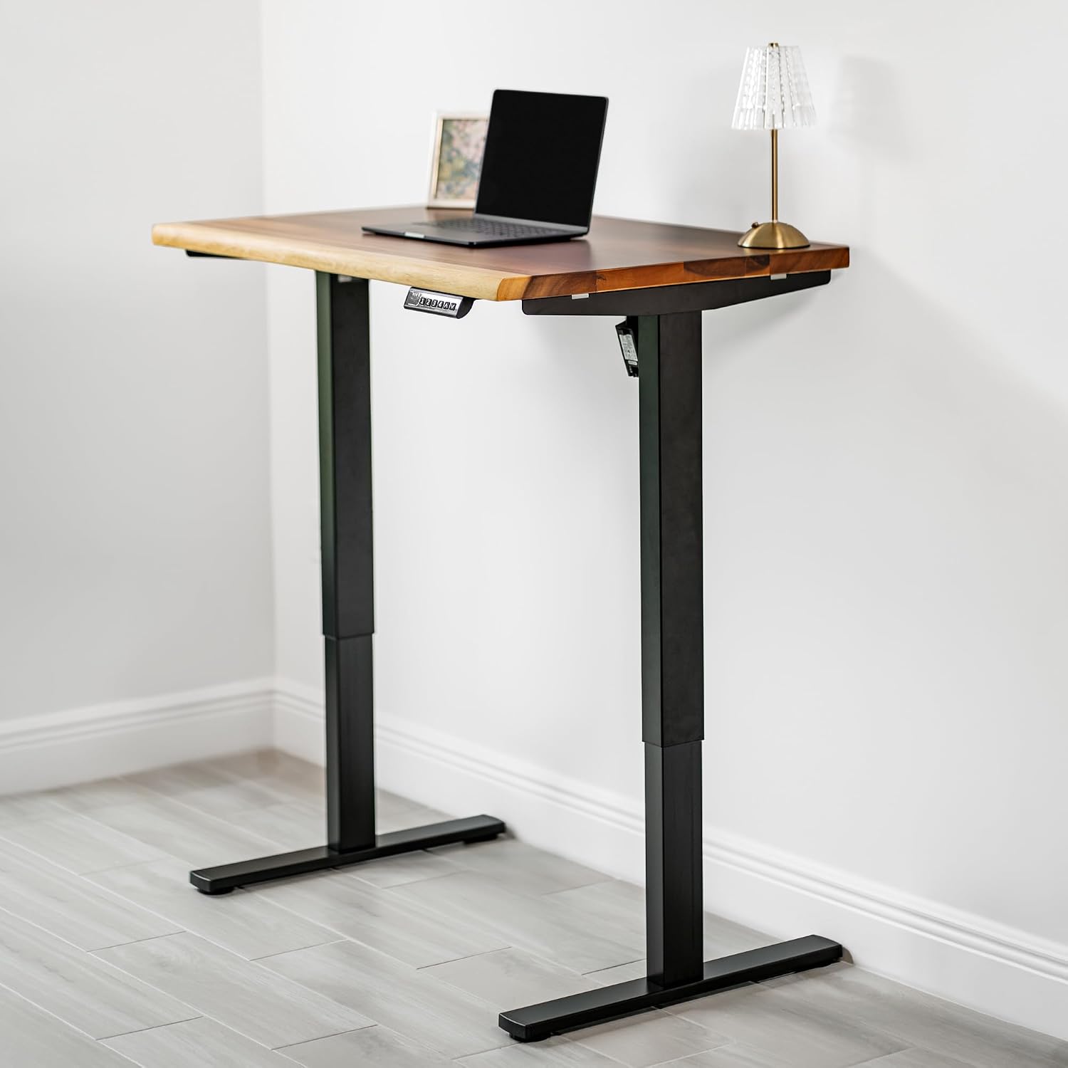 Small Standing Desk – Walnut Solid Wood Desk, Natural Live Edge, Adjustable Height Dual Motor, Sit Stand for Home Office (Black, W38 x D25)