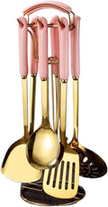 7-Piece Stainless Steel Cooking Utensils Set, Spoons & Spatulas with Storage Shelf, Ceramic Handle Kitchen Gadgets，Pink-One Size