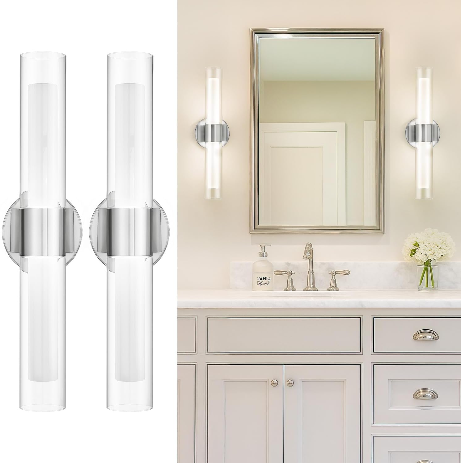 kudos Brushed Nickel Modern Sconces Wall Lighting, Bathroom sconces Set of 2 with Clear Glass and Frosted Glass, Modern LED Vanity Light for Bathroom, 3000K/4500K/6000K Adjustable,KDVL06-BN-2-2PK