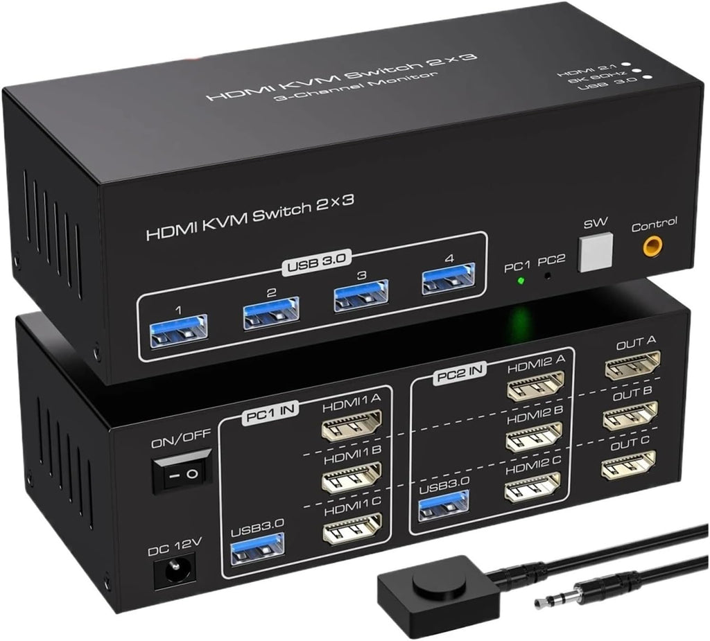 8K Triple Monitor KVM Switch HDMI & Displayport & USB 3.0 KVM Switch for 2 PC Share 1 Set of Keyboard Mouse Printer Hard Disk(DP HDMI KVM Switch,with Au Plug)