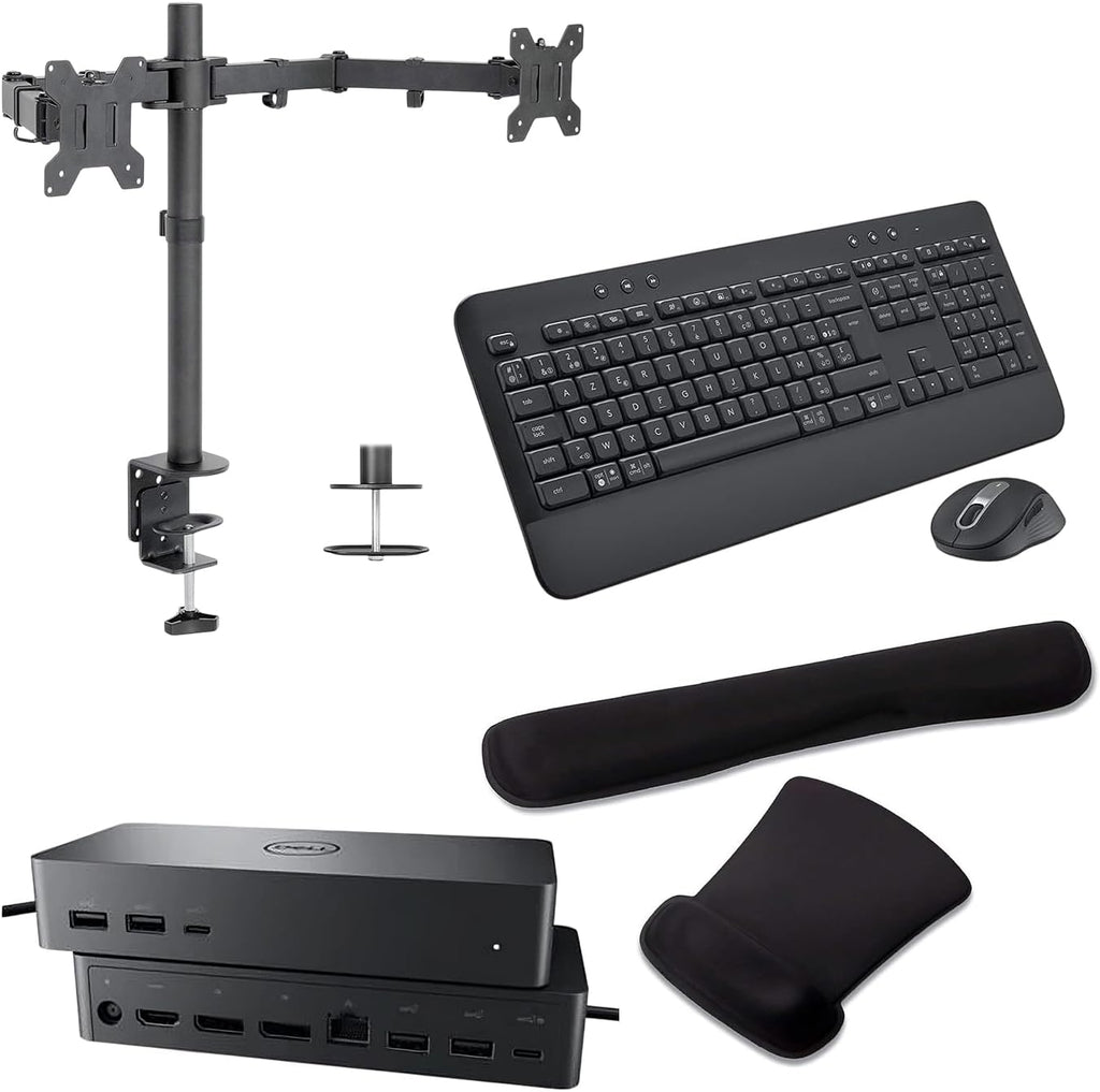 Dell UD22 Universal Dock 96W Quad 4K Support, HDMI, USB-C, DisplayPort and USB Hub Bundled with Desk Mount Dual Monitor Stand, MK650 Wireless Keyboard & Mouse, Gel Mouse & Wrist Pad