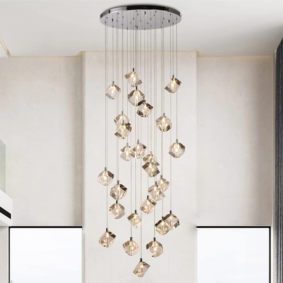 Cube Crystal Staircase Chandelier, 26-Light Raindrop Pendant High Ceiling Chandelier for Staircase, 78W Long Length Clear Crystal Pendant Hanging Light Fixture for Entryway