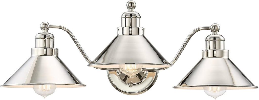 Kira Home Welton 25.5' 3-Light Modern Farmhouse Vanity Light with Funnel Shades, Industrial Wall Sconce Bathroom Light, Polished Nickel Finish