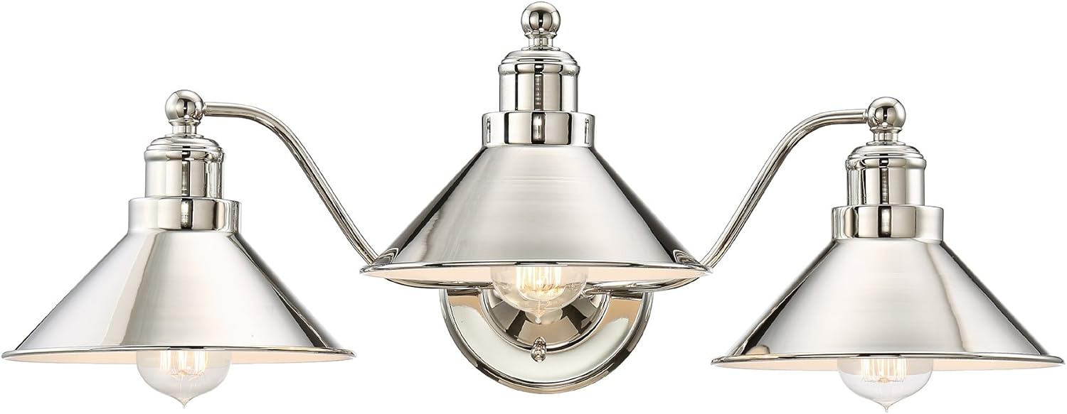 Kira Home Welton 25.5' 3-Light Modern Farmhouse Vanity Light with Funnel Shades, Industrial Wall Sconce Bathroom Light, Polished Nickel Finish