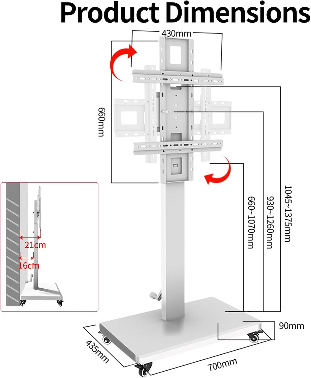 Mobile TV Cart Stand for 32-80 Inch TVs,90°Landscape to Portrait Rotating,Manual Height Adjustable Cart,Holds 110 Lbs,Max VESA 600x400mm,Portable tv Stand on Wheels,XL-XZ08W