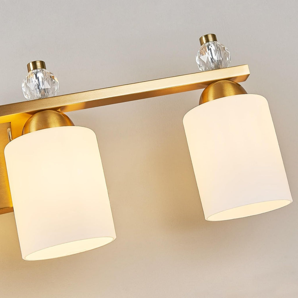 White Glass Bathroom Vanity Light 5 Light Mid Century Gold Bathroom Lighting Fixtures Over Mirror Modern Vanity Lighting Wall Mount for Bathroom Mirror Hallway(Bulbs Not Included)