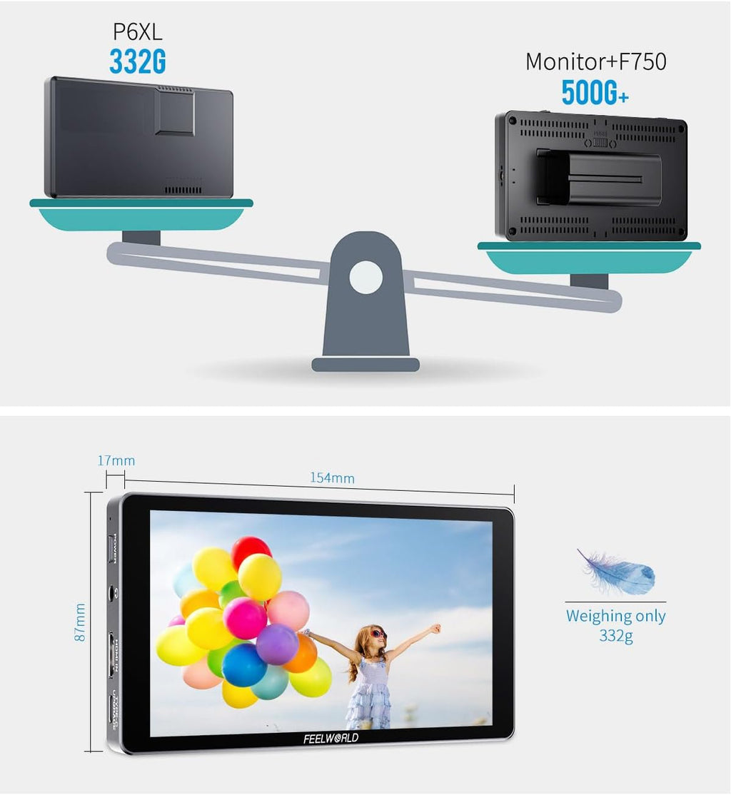 FEELWORLD P6XL 6 Inch Camera Monitor Built-in Battery,1200nits Bright,Touch Screen,4k HDMI/HDR Monitoring/Custom 3D-LUT