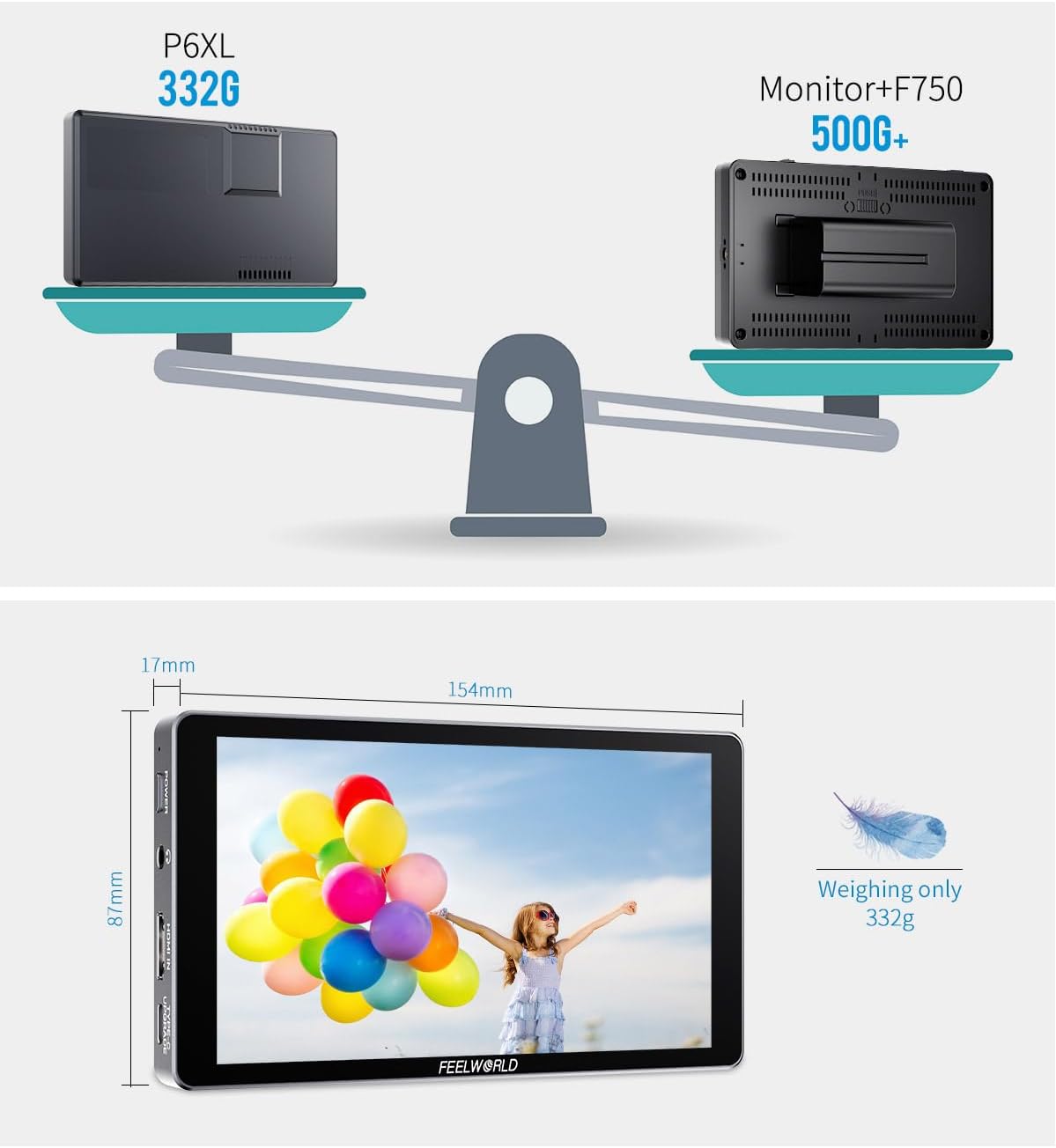 FEELWORLD P6XL 6 Inch Camera Monitor Built-in Battery,1200nits Bright,Touch Screen,4k HDMI/HDR Monitoring/Custom 3D-LUT