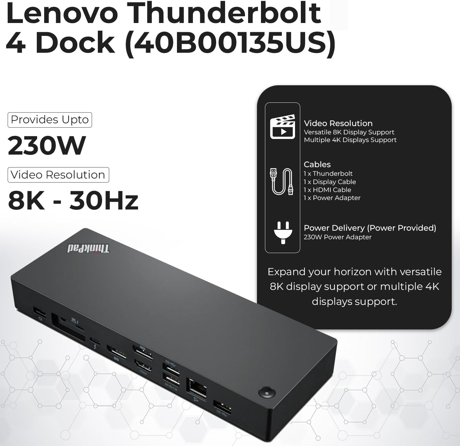 40B00135US Lenovo Thinkpad Docking Station USB C - 1 Year Warranty, Supports 4K Display, Thunderbolt 4 Dock with 135W Adapter, HDMI, DisplayPort, Thunderbolt Cables & Cloth - Lenovo Docking Station